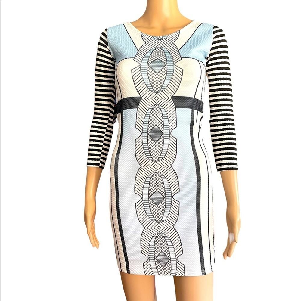Bebo Bodycon Mini Dress 8 Casual Modest Mixed Patterns Geometric Stripe White